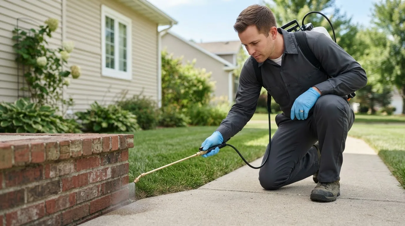 Pest control technician treating a home near Bailey Island, ME